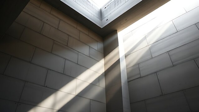 A monumental geometric concrete light well with sharp beams of sunlight.
