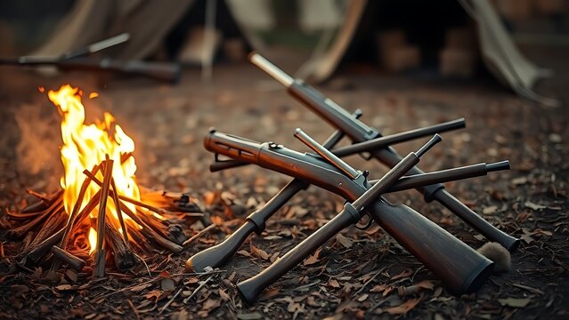 A historical camp with muskets resting near a fire in soft morning light.