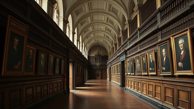 Grand corridor in an old library lined with portraits of past deans.