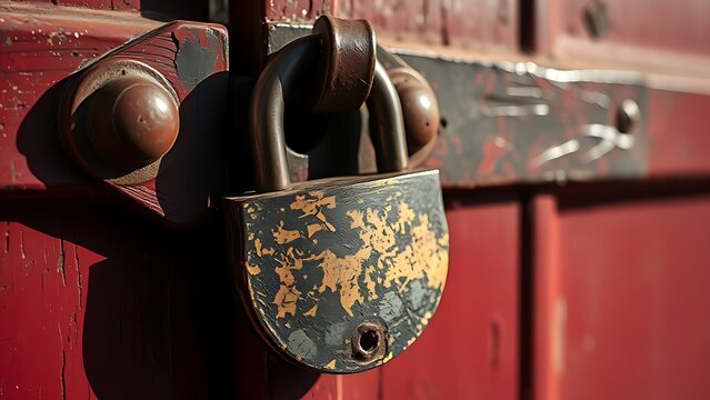 A heavy weathered padlock on a faded red warehouse door, chipped paint, dramatic side lighting, symbolic closure.