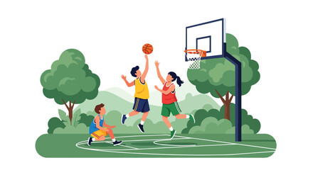 Flat style vector illustration of children playing basketball on court, jumping and shooting ball into hoop, dynamic sports activity and teamwork concept © Sheraz