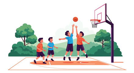 Flat style vector illustration of children playing basketball on court, jumping and shooting ball into hoop, dynamic sports activity and teamwork concept © Sheraz
