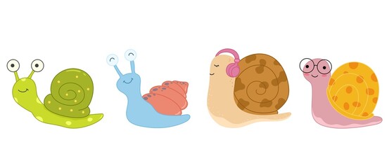 Set of colorful snail characters with various shells and accessories isolated on white © Ivanka