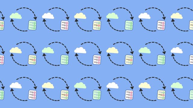Seamless pattern of cloud sync status with document audit logs in a background animation. Flat design data processing and file synchronization status repetitive wallpaper.