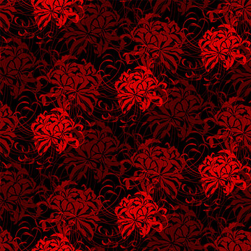 Seamless vector pattern with red spider lily (higanbana) on black background. Japanese inspired floral ornament with flowing lines and dramatic contrast