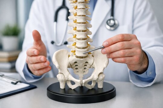 Doctor showing spine model for back pain explanation. Ai generative