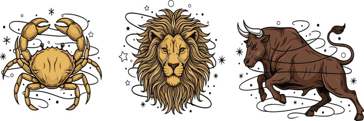 Obraz premium Zodiac Signs Illustration Featuring Cancer Leo and Taurus with Detailed Astrology Symbols and Celestial Elements.