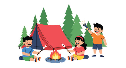 Flat style vector illustration of children camping outdoors with tent and campfire, adventure activity promoting exploration and teamwork © Sheraz