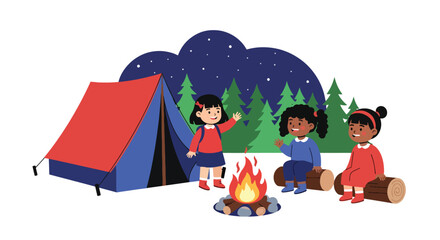 Flat style vector illustration of children camping outdoors with tent and campfire, adventure activity promoting exploration and teamwork © Sheraz