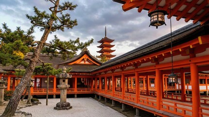 Obraz premium Beautiful Japanese Temple Architecture with Pagoda and Cherry Blossoms.