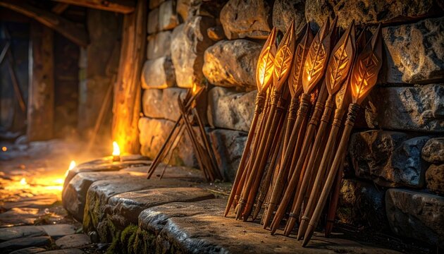 Medieval Armory Interior with Spears and Stone Walls.