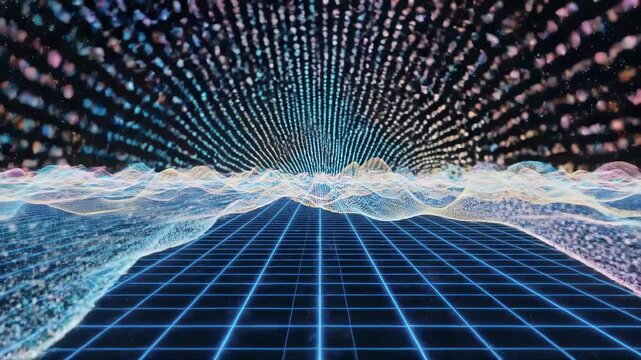 Abstract digital data visualization with blue grid and glowing particle waves representing big data and technology.