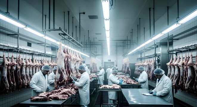 Meat inspection station with hanging carcasses bright lamps and clean white walls in documentary realism