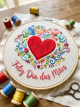 Feliz dia das maes embroidery hoop still life