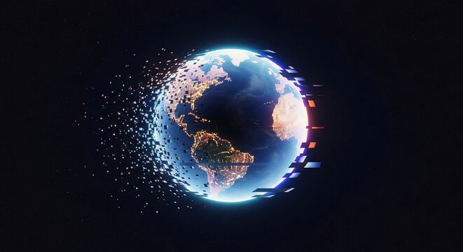 Digital Earth Globe Exploding into Particles.