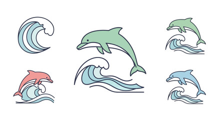 Colorful dolphin jumping wave illustrations. © Mbah