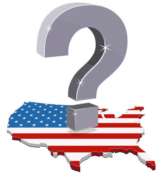 Large 3D question mark over a map of the USA with the American flag pattern representing political doubt, economic future, national problems and social inquiry. (cut out)