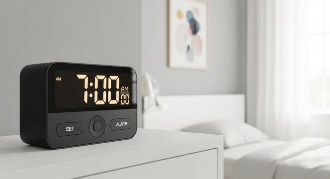 Digital Alarm Clock Displaying 7:00 AM on a Bedroom Nightstand