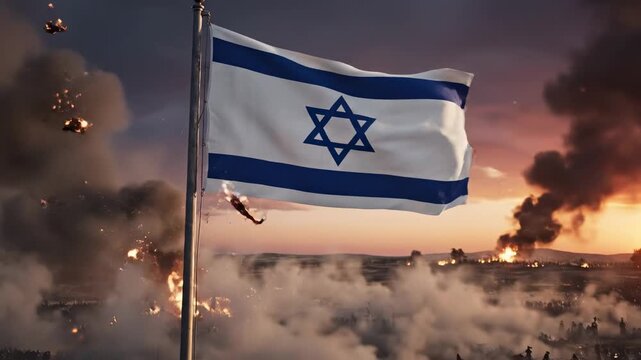 The national flag of Israel waving on a flagpole against a dramatic sunset sky.