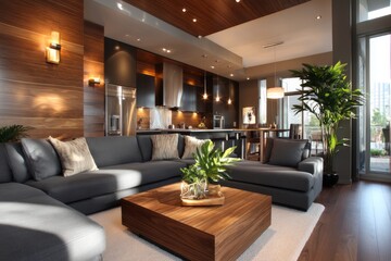 Fototapeta premium Modern Compact Living Space with Sleek Furniture and Balanced Style for Contemporary Homes