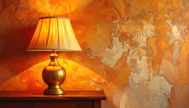 Gold lamp on wooden table casts warm glow on textured wall with orange and beige tones