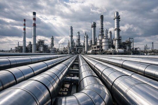 Industrial refinery with metallic pipelines under cloudy sky concept.. Ai generative