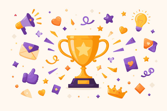 Golden Trophy Award with Star for Employee Appreciation Day, Celebration Banner with Megaphone, Lightbulb, Crown, Thumbs Up, and Hearts Icons, Vector Illustration for Business Success and Reward