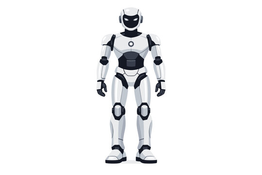 Humanoid Robot Standing on White Background, Futuristic Sleek White and Black Cyborg Design with Glowing Blue Eyes and Chest Light, Advanced Artificial Intelligence and Digital Future Concept