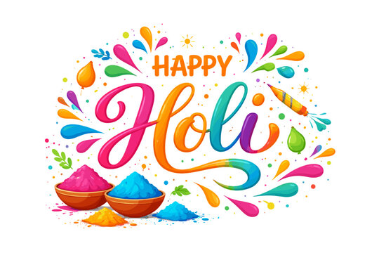 Happy Holi Festival of Colors Vector Illustration with Vibrant Rainbow Typography, Bowls of Gulal Powder, Water Balloons, and Splash Elements. Festive Greeting Card Design for Indian Spring Holiday.