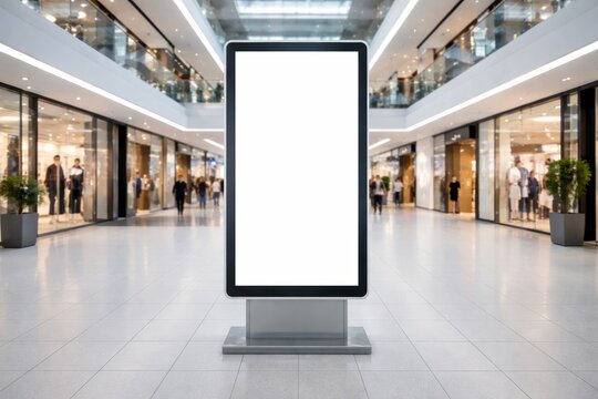 Blank digital advertisement display in shopping mall interior background. Ai generative