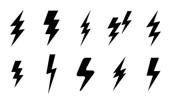 Lightning bolt icon set, black thunderbolt silhouettes, 10 electric flash symbols, power and energy vector elements for logo design and UI