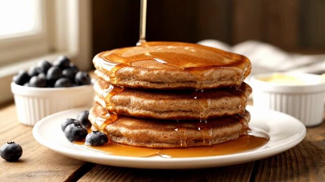 A stack of pancakes drizzled with syrup, served with blueberries.