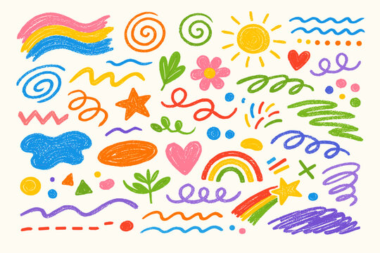 Vibrant Hand-Drawn Crayon Doodle Set with Colorful Squiggles, Swirls, Hearts, Stars, Rainbows, and Organic Shapes, Textured Oil Pastel Sketch Elements for Creative Design Projects and Kids Art.