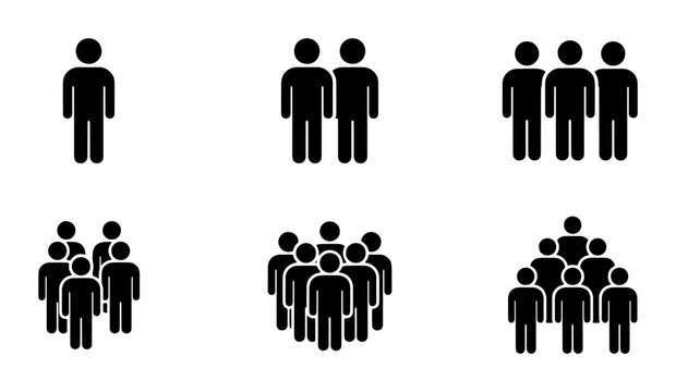 Minimalist people icons set, black human figure silhouettes, group and crowd symbols for business infographics, 6 vector user avatars