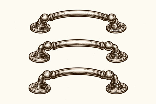 Set of Three Vintage Etched Metal Handles and Drawer Pulls, Antique Victorian Style Cabinet Hardware Illustration, Hand-Drawn Vector Engraving for Furniture Design and Interior Decor Projects
