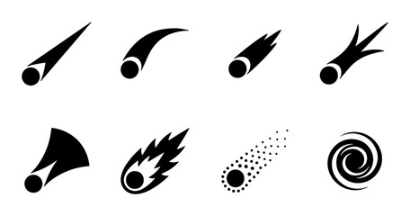 Minimalist comet icons set, black celestial meteor silhouettes, 8 space asteroid and galaxy vector elements for science and astronomy design © Roja