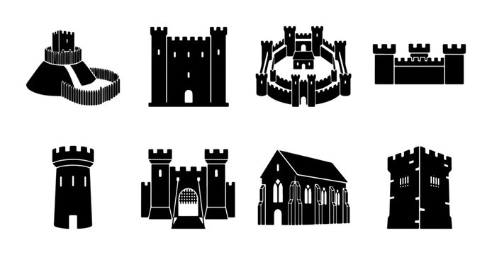 Medieval castle silhouettes and fortress icons set, 8 black vector building symbols, ancient stone tower and citadel illustrations for history maps