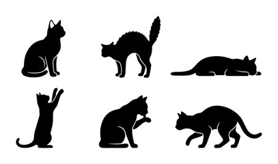 Black cat silhouettes set of 6 vector icons, domestic feline pet in various poses, sitting and stretching cat shapes for logo design and graphics © Nurul