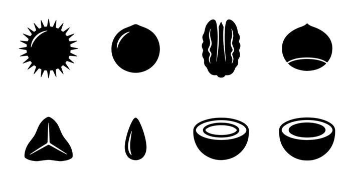 Minimalist nut icons set, black silhouette nut and seed vector collection, organic food symbols for packaging and menu design, 8 flat icons