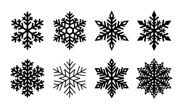 Minimalist snowflake vector icons set, black winter snow crystal silhouettes, 8 decorative frozen ice flake elements for Christmas holiday design