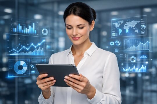 Businesswoman analyzing virtual financial data charts on digital tablet. Ai generative