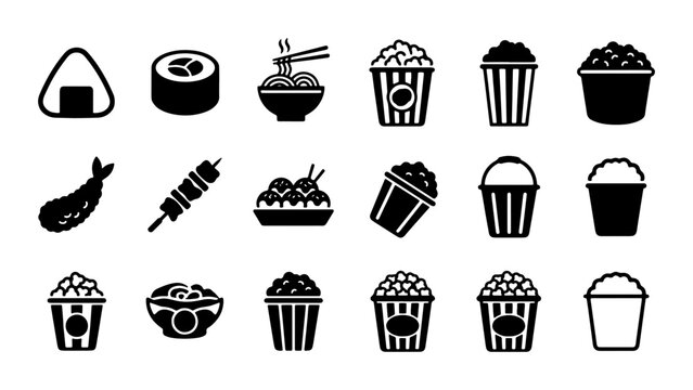 Minimalist food icon set, 18 black solid vector symbols of Japanese cuisine and movie snacks, popcorn buckets and sushi flat illustrations for menu design