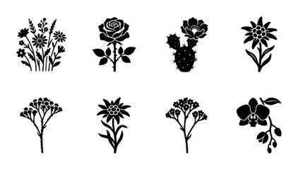 Minimalist black flower silhouettes, set of 8 botanical vector icons, elegant floral plant illustrations for logo design and wedding invitations © Mahadi