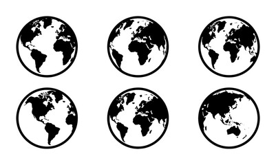 Obraz premium Minimalist world globe icon set, black and white earth planet vector collection, 6 global map spheres showing different continents and regions