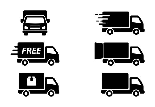 Delivery truck icon set, black shipping van silhouettes for logistics and transport, fast express courier service symbols, 6 vector elements