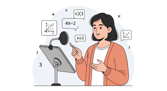 Woman teaching math online with tablet and microphone, explaining equations and graphs