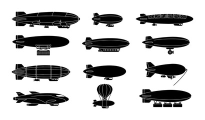 Vintage airship silhouette collection, 11 black dirigible and zeppelin vector icons, retro flying blimp and hot air balloon graphics for aviation design © YusraSultana