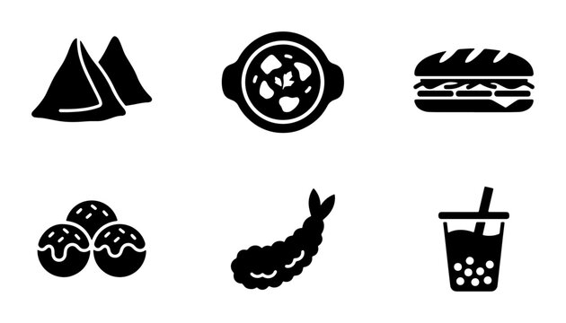 Global street food icon set, black solid vector silhouettes of samosa and tempura, asian cuisine and fast food symbols for restaurant menus