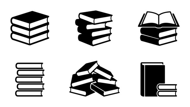 Minimalist book icons set, black and white library vector symbols, stack of books and open textbook illustrations for education and reading
