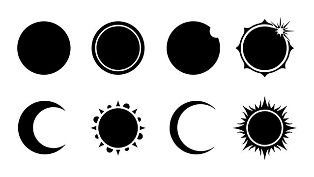 Solar eclipse phases vector icons, celestial moon and sun silhouettes set, astronomical lunar event symbols, black minimalist space graphics